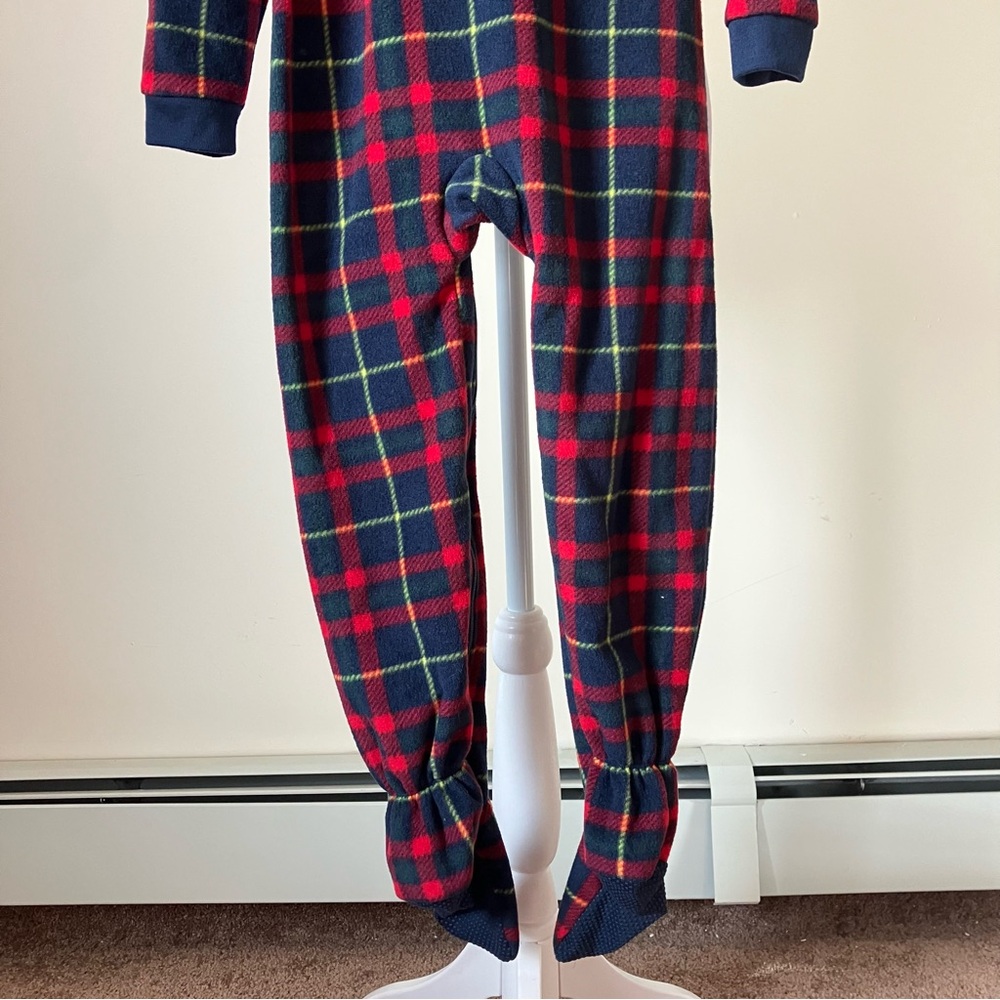 Lands' End Kids Footed Fleece Sleeper in Red Dark Navy Plaid size 5T - Picture 5 of 7